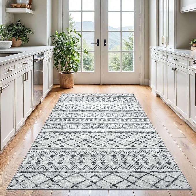 KUTA Bedroom Boho Rug 4x6 Grey, Moroccan Washable Area Rugs Non Slip, Ultra