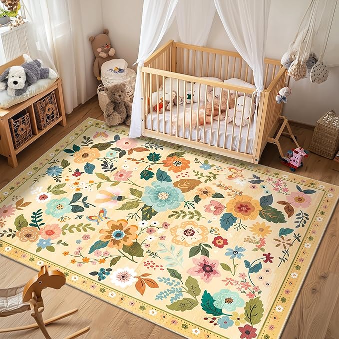 Floral 5x7 Area Rug Machine Washable Soft Print Boho Carpet Non Slip Doormat Low Pile Flower Area Rugs for Living Room Bedroom Nursery Kitchen Dining Room Indoor-Ivory/Yellow