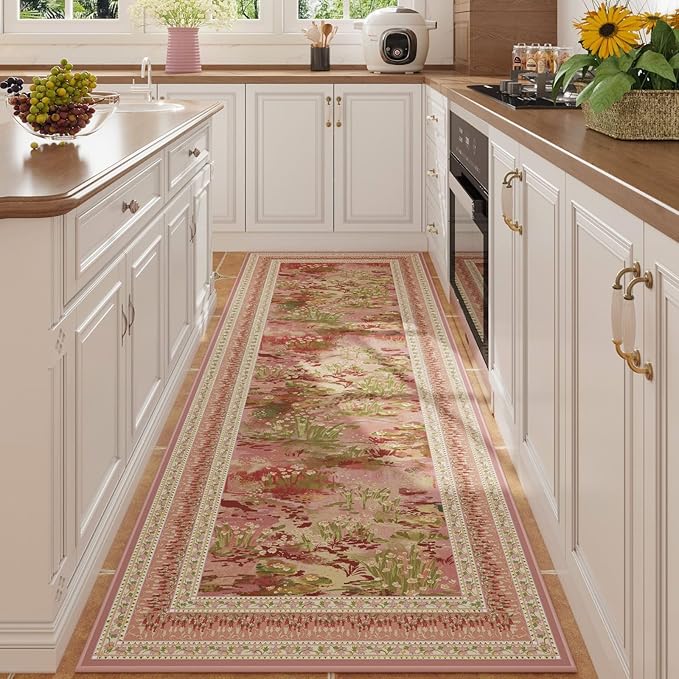 2x6 Runner Rug Impressionist-Style Vintage Kitchen Rugs Non Slip Washable Soft Carpet Runner for Kitchen Laundry Bedroom Bathroom, Pink