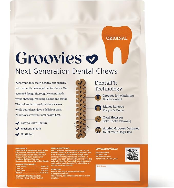 Groovies Flexible Dog Dental Chews with Patented DentalFit Technology to Help Support Tartar Control & Fresh Breath, Medium Dog Chews for 15-25 lb Dogs, USA Manufactured Oral Care, 45 Chews
