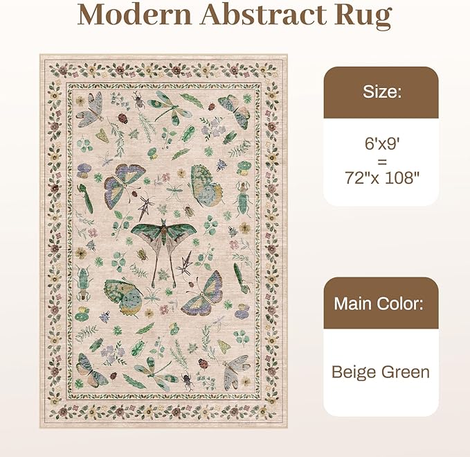 6x9 Rugs for Living Room with Insect Print - Bug Rug Non-Silp Stain Resistant Soft Carpet for Bedroom, Low Pile Ultra-Thin Machine Washable Carpet for Dining Room, Kids Nursery, Office (6'x9' Beige)