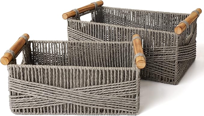 LA JOLIE MUSE Wicker Storage Baskets for Organizing, Recyclable Paper Rope Basket with Wood Handles, Decorative Hand Woven Basket Organizers for Makeup Books Shelves Living Room, Grey, Set of 2