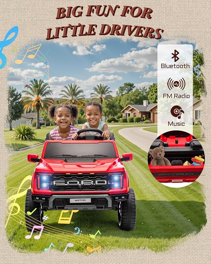 24V 2 Seater Ride on Toys for Kids, Licensed Ford F-150 Raptor Kids Electric Vehicles w/Remote Control, Power Pedal and Durable Wheels, LED Lights, Bluetooth, Truck Bed Storage (Red)