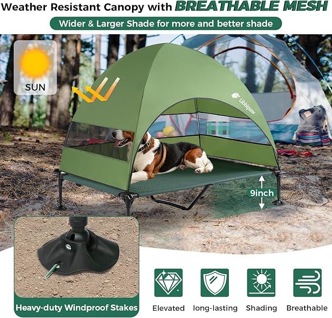 Windproof Elevated Dog Bed with Canopy & Stakes, 3-Sided 90% UV Block, Chew-Proof Teslin Mesh Mat for Large Dogs up to 150lbs(Green X-Large)