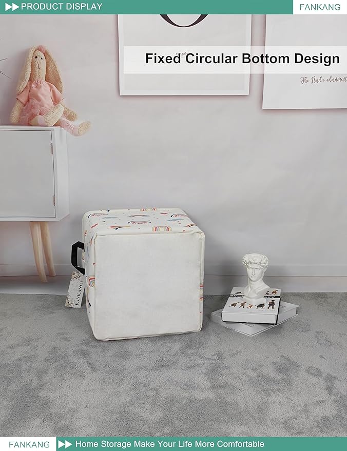 FANKANG Square Nursery Hamper Storage Bins Canvas Laundry Basket Foldable with Waterproof PE Coating Storage Baskets Gift Baskets for Children, Office, Bedroom, Clothes（Square-Love Rainbow ）