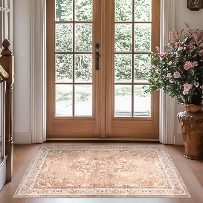 jinchan Vintage Floral 3x5 Area Rugs for Entryway - Machine Washable Distressed Design Ultra-Thin Low-Pile Soft Non-Shedding Carpet for Kitchen Bedroom Entrance Laundry Living Room (3x5ft,Coral Pink)