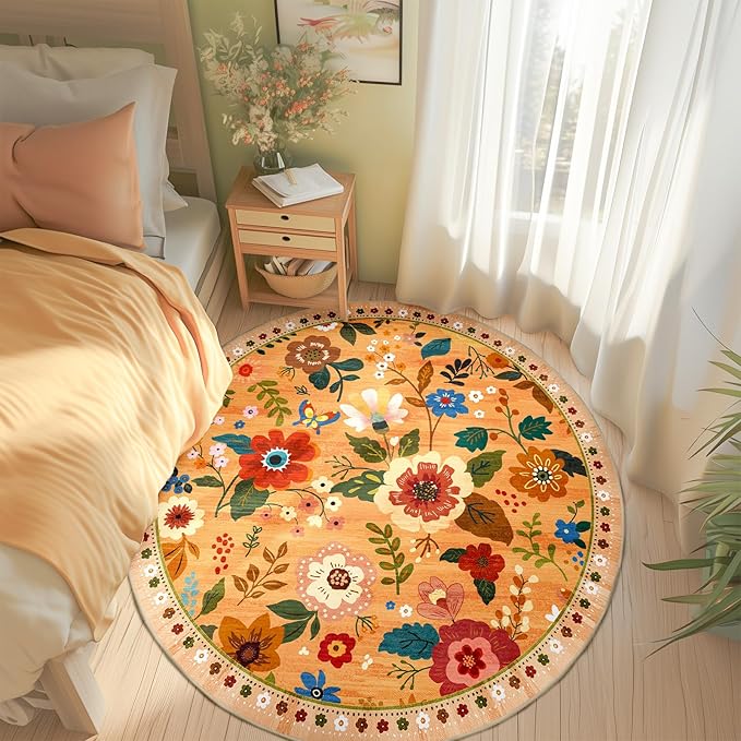 Floral 8ft Area Rug Machine Washable Soft Print Boho Carpet Non Slip Doormat Low Pile Flower Area Rugs for Living Room Bedroom Nursery Kitchen Dining Room Indoor-Yellow/Orange