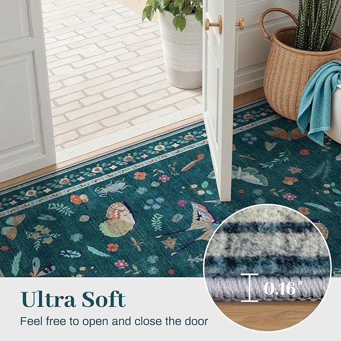 3x5 Washabl Rug with Insect Print - Bug Rug Non-Shedding Stain Resistant Soft Small Carpet for Bedroom, Low Pile Ultra-Thin Machine Washable Carpet for Nursery,Entrance, Office (3'x5' Teal)