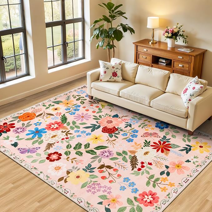 Area Rug Living Room Rugs: Floral 5x7 Washable Rug Vintage Soft Boho Non-Slip Carpet Indoor Floor Stain Resistant Large Carpets for Bedroom Dining Room Farmhouse Nursery Hallway Home Office Beige