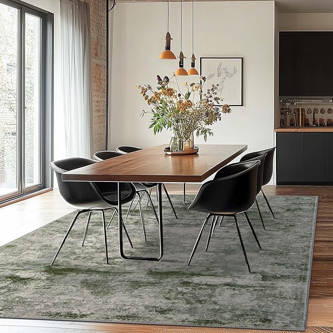 jinchan Washable Area Rug 6x9 for Living Room - Soft Faux Wool Ultra-Thin Stain Resistant Non-Slip Distressed Vintage Floral Rug Large Carpet for Bedroom,Dining Room,Home Office,Nursery(Green, 6'x9')