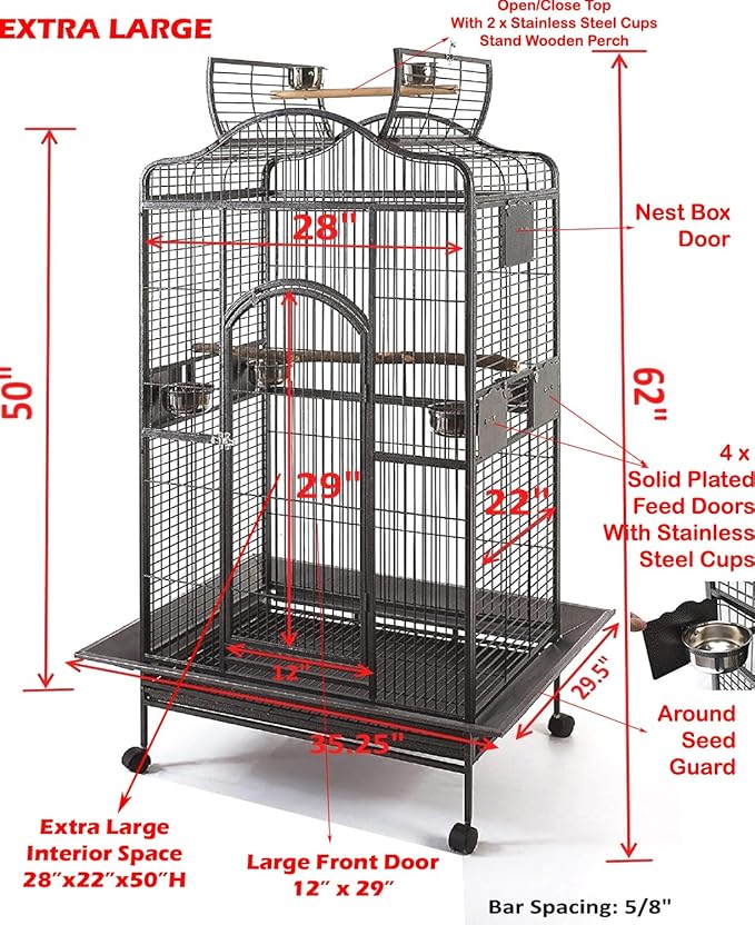 2 Color, Extra Large Wrought Iron Dome Top for Macaw Goffin's Cockatoo Cockatiels African Grey Amazon Parrots Green Cheek Conures Caique Bird Cage with Rolling Stand (Black-Vein)