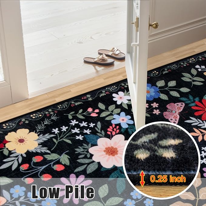 Entryway Rug 2X3 Small Rugs: Floral Washable Door Mat Vintage Soft Low Pile Non-Slip Kitchen Rugs Stain Resistant Indoor Throw Rug for Entrance, Bedroom, Kitchen, Laundry, Bathroom Black