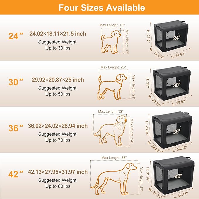 Dog Travel Crate 36 Inch, Portable Soft-Sided Travel Carriers for Dogs and Cats, Foldable Pet Kennel with 3-Doors Mesh Windows Indoor & Outdoor, Black