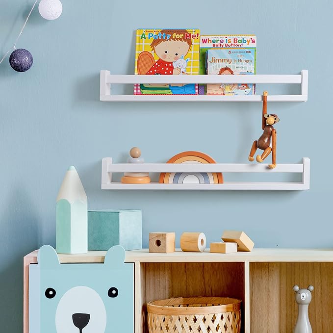 Fun Memories Nursery Book Shelves - Rustic Natural Solid Wood Floating Bookshelf for Kids - Wall Book Shelves for Kids Room (White, 24inch - 4P)