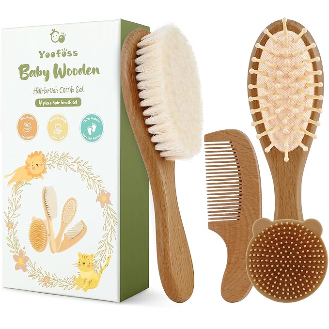 Yoofoss 4 Piece Baby Hair Brush and Comb Set, Wooden Baby Hair Brush with Natural Ultra Soft Goat Hair, Baby Comb Set for Boy, Girl - Walnut