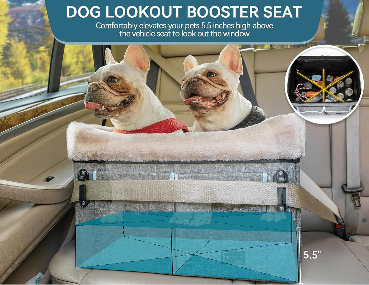 Petsfit Dog Car Seat Medium Sized Dog or 2 Small Dogs with Patent Buckles, Washable Pad, Dog Booster Car Seat for Dogs Up to 45 lbs (Medium, Light Grey)