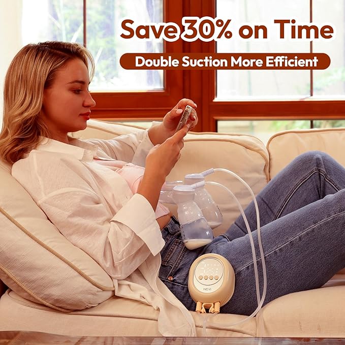 NCVI 8128 Electric Double Breast Pump Breastfeeding with 4 Modes 9 Levels, Rechargeable Pump Machine Strong Suction for Bigger Breast with 21/24mm Flanges Parts, Anti-Backflow Non-Spill and Low Noise