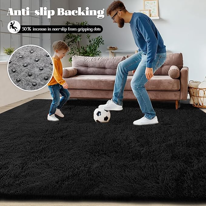 4x6 Area Rug for Living Room: Fluffy Shag Soft Washable Rugs Fuzzy Plush Indoor Carpet for Bedroom Nursery Playroom Dorm Kids Girls Boys Room (Black, 4'x6')
