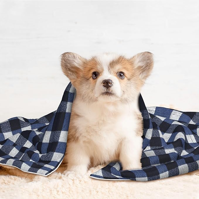 Waterproof Dog Blanket Soft Pet Blanket for Puppy Cat, Fleece Cat Throw Blankets for Furniture Bed Couch Sofa Reversible - Navy Blue Gingham 3