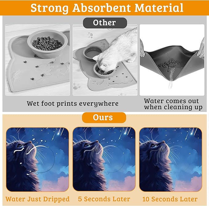 Cat Dog Food Mat,Starry Night Absorbent Pet Feeding Mat for Food and Water Bowl,Quick Dry Dog Placemat Non Slip Rubber Backing Waterproof Pet Supplies 12" x 20"