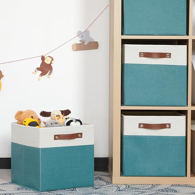 HNZIGE Storage Cubes Bins for Organization Set of 4, Fabric Storage Cube 12 x12, Collapsible Storage Bins Basket Cube with Handles, Canvas for Organizing Shelf Home Nursery(Teal White)