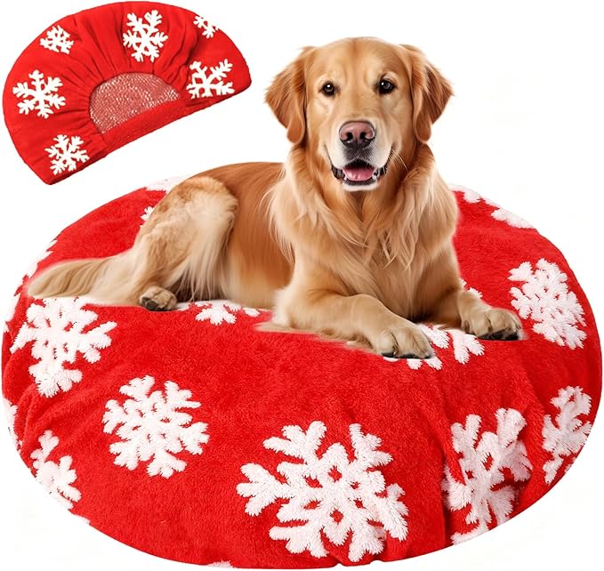Oudain Dog Bed Cover 45 x 45 x 11 Red Snowflakes Waterproof Round Dog Bed Cover Replacement Washable for Round Dogs Beds Valentine's Day Christmas Winter Decor Scratch Resistant Mattress Protector