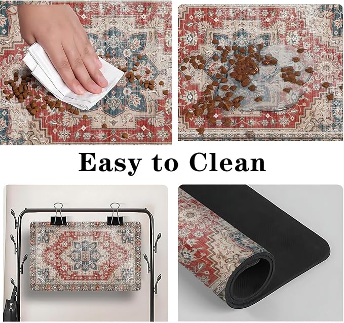 Dog Food Mats for Floors, Absorbent and Quick-Drying Pet Cat Food Mat,Anti-Fouling and Easy-to-Clean Pet Feeding Mat,Dog Bowl Mat for Messy Drinking Water Bowls.17 x32, Bohemia Style