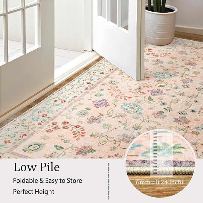 LOCHAS Washable Area Rugs 5x7, Pink Floral Rug for Living Room Bedroom Non Slip, Ultra Soft Vintage Indoor Carpet for Kids, Nursery, Dorm, Dining Room, Classroom, Boho Flower Home Decor, Low-Pile