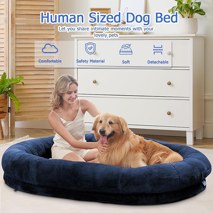 Human Dog Bed - 72"x48"x10" Large Gaint Shared Bed for Adult - Flufelbed Standard Cloud Bed for Humans and Dogs - Nap Bed Bean Bag Bed Faux Fur Fluffy Orthopedic Pet Bed Large Navy