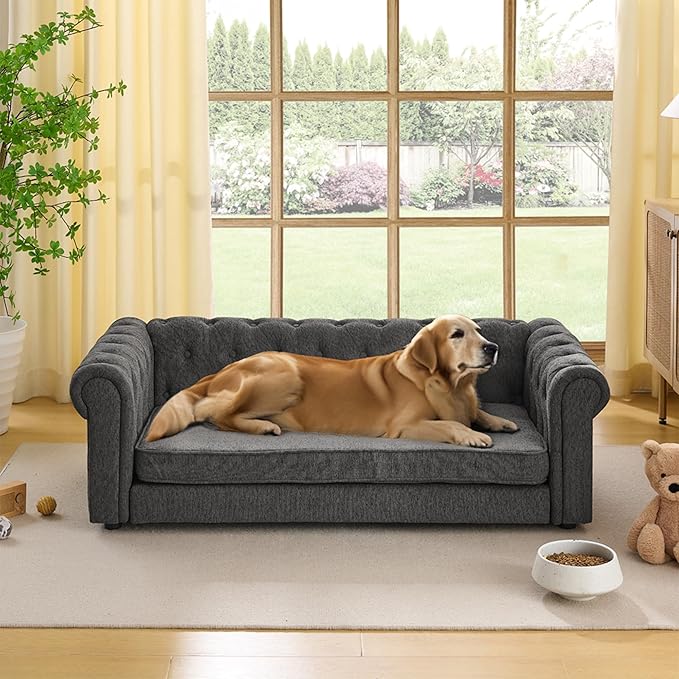 Dog Sofa Couch for Medium to Large Dogs, Memory Foam Dog Sofa Couch with Washable Fabric, Durable Elevated Pet Bed with Legs, Removable Cushion for Medium and Large Dogs, Dark Grey