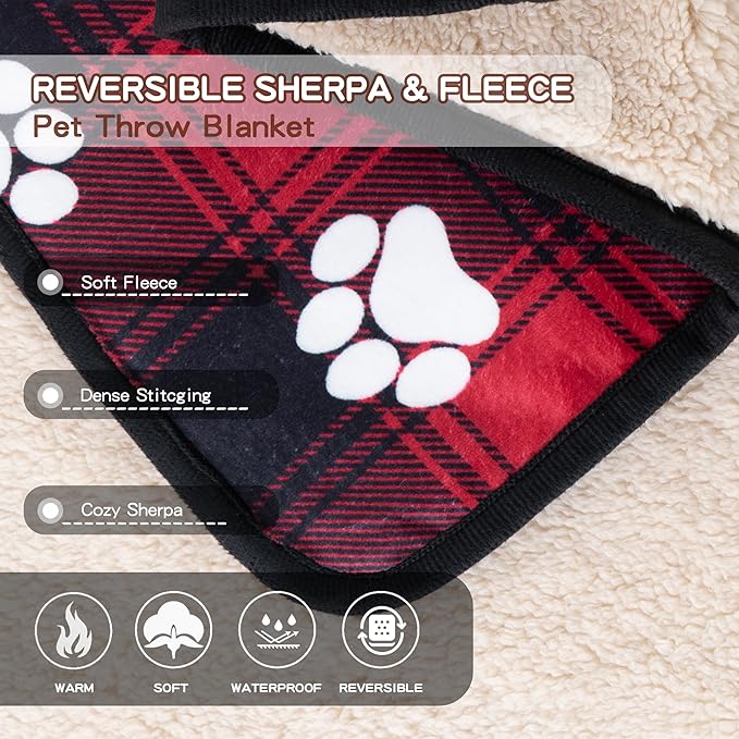 Waterproof Dog Blankets, 30"x40" Cat Blanket for Indoor Cats, Soft Fluffy Sofa Car Bed Protector, Reversible Sherpa Fleece Puppy Blanket for Small Medium Dogs Christmas Decor(Snow Red)