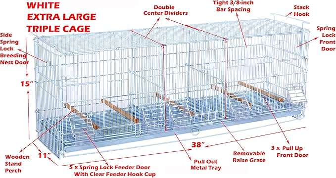 Combo: White Stack & Lock Breeder Bird Flight Cage Breeding Nest Door Double Removable Center Divider with Rolling Stand (38"x11"x15"H LOT-2-STAND, White)