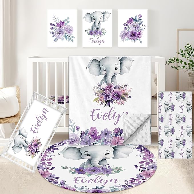 Personalized Baby Crib Bedding Set, 5 Pcs Custom Baby Bedding Set with Name, Double Layer Baby Elephant Crib Set for Girls, Soft Flannel Nursery Bedding Set, Toddlers Infants New Parents Gift