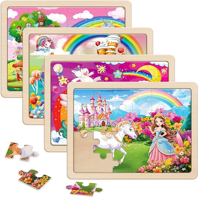 SYNARRY Large Unicorn Princess Fairy Wooden Puzzles for Girls Gift Box(12.2*9.4 in) - FSC Certified, 24 Pcs Puzzles for Kids Ages 4-6, Puzzles for Toddlers 3-5, Unicorn Toys Gifts for 3 4 5 Year Old