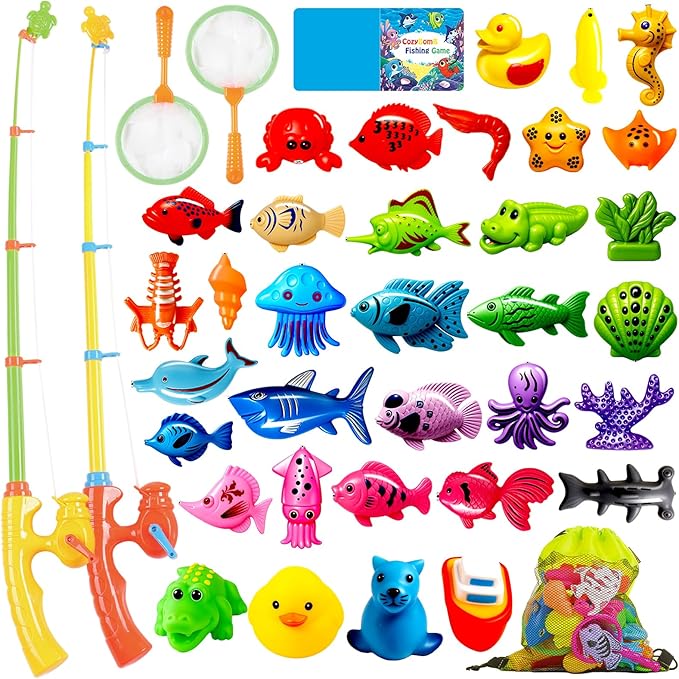 CozyBomB™ Magnetic Fishing Toys Game Set for Kids | Water Table Bathtub Kiddie Pool Party & Pole Rod Net, Plastic Floating Fish Toddler Color Ocean Sea Animals Birthday Age 3 4 5 6 Year