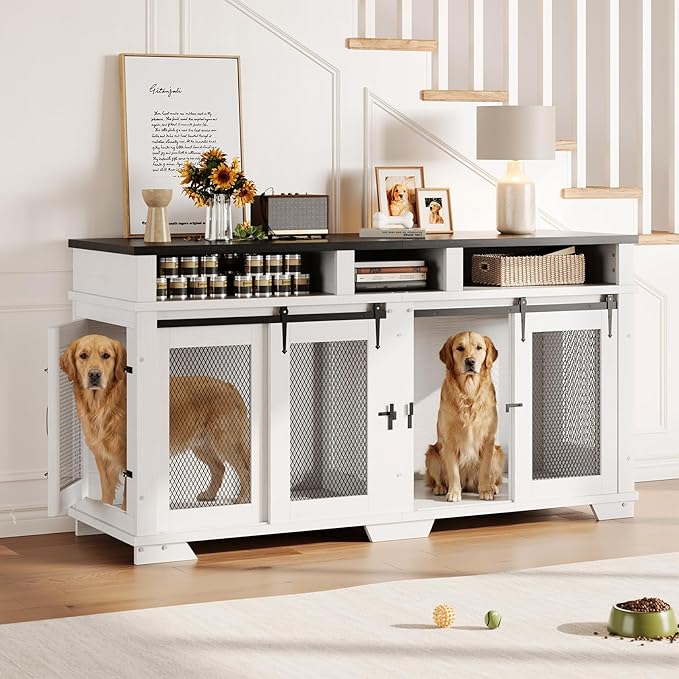 71'' Dog Crate Furniture for 2 Dogs, Extra Large Double Dog Kennel Indoor with Removable Divider and Storage Drawers, Wooden Dog Crate TV Stand for Large Medium Dogs