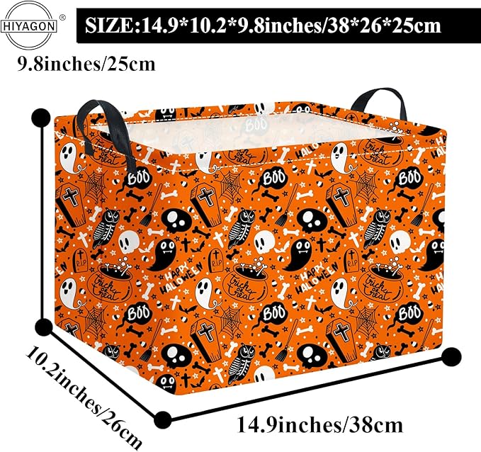 HIYAGON Rectangular Halloween Basket for Boys and Girls Kids Trick or Treat Pumpkin Basket for Halloween Parties Cute Storage Bin Organizer Box Room Decor(Yellow Halloween)