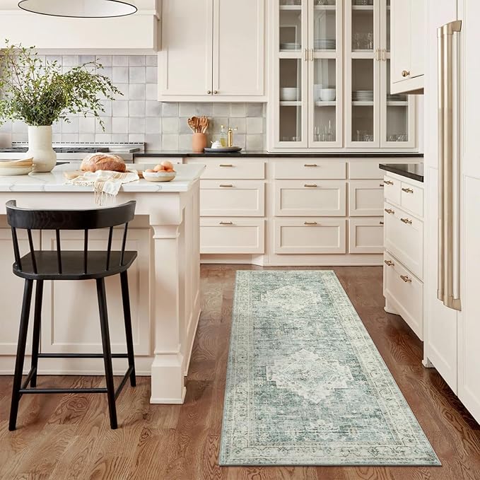 LIVEBOX Washable 2x6 Runner Rug for Bathroom, Non Slip Kitchen Mats for Floor Entryway, Boho Indoor Front Door Mat Low-Pile Runners for Hallways, Farmhouse Rugs for Laundry, Sage Green