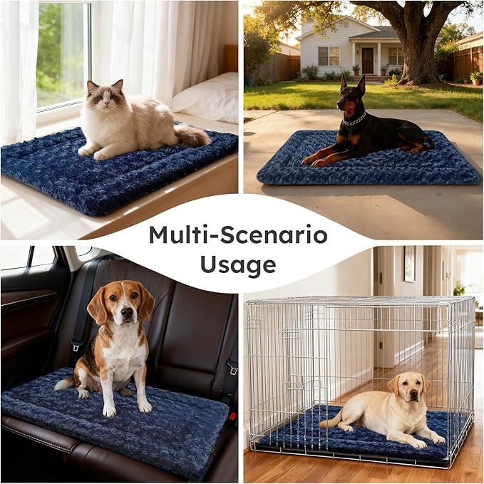 Dog Bed Mat, Dual-Sided Dog Crate Bed Mat - Ultra Soft & Machine Washable Kennel Pad for Small Dogs, All-Season Comfort Pet Bed for Crates, Travel, and Home, Dark Blue 24 x 16 Inch