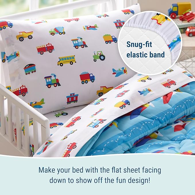 Wildkin Toddler Bed in a Bag – 4-Piece Microfiber Bedding Set with Comforter, Pillowcase & Sheets - Trains, Planes, and Trucks