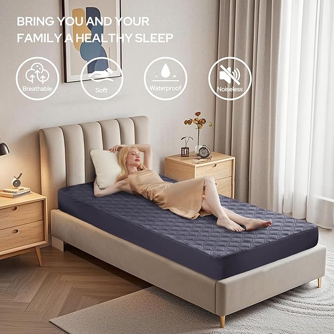 2 Pack Waterproof Mattress Protector, Twin XL Size Mattress Pad with Deep Pocket 6"-15" Depth, Soft Breathable Dirt-Proof Single Bed Mattress Cover for Bedroom, Dorm Room (Navy Blue)