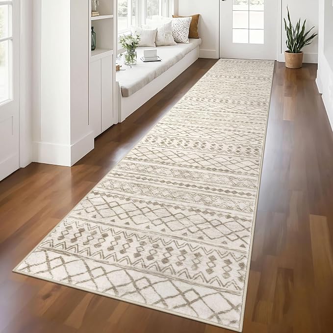 KUTA Moroccan Washable Hallway Runner Rug, 2.6x12 Non-Slip Vintage Beige Boho