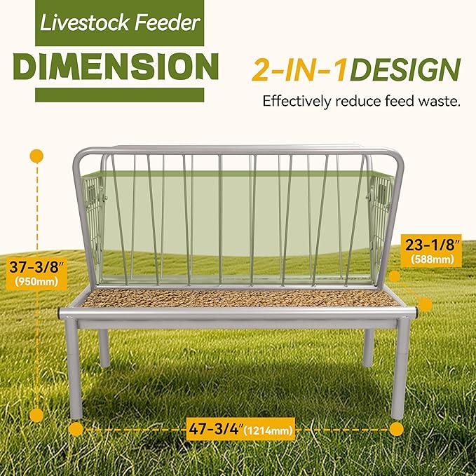 Kojem 4 Ft Long Livestock Feeder, Heavy Duty Steel Livestock 2 in 1 Grain & Hay Feeder, Outdoor Pasture Feeder with Feeding Pan for Goats, Sheep,Ponies, Cow, Horse for Farms, All Weather Feeder