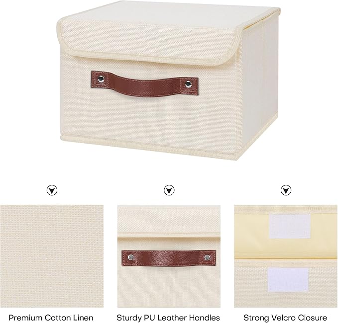 ANMINY Storage Bin with Lid Storage Boxes with PU Leather Handles PP Plastic Board Decorative Foldable Lidded Cotton Linen Fabric Home Cubes Baskets Closet Organizer Container - Beige, Small Size