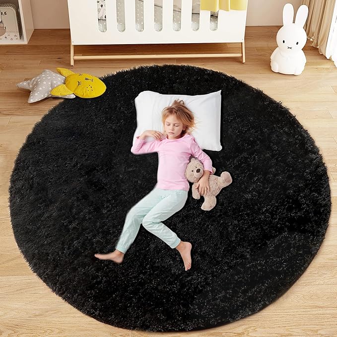 4FT Round Rug for Bedroom: Fluffy Shag Soft Washable Rugs Circle Small Fuzzy Plush Indoor Carpet for Living Room Nursery Playroom Dorm Kids Girls Boys Room (Black, 4'x4')