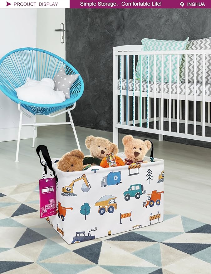 Rectangular Storage Basket Fabric Organizer Bin for Toys,Books,Clothes,Gifts,Pets-Perfect for Home,Office,Nursery,Dorm,Shelf(Rec-Vehicles)