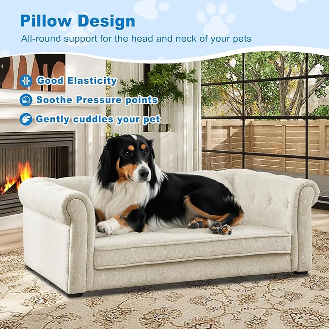 Dog Couch for Large Dogs, Elevated Durable Pet Sofa Bed, 24" W Comfortable Modern and Stylish Dog Sofa Couch with Dry Cleanable Fabric, Furniture for Medium & Large Breed (Beige)