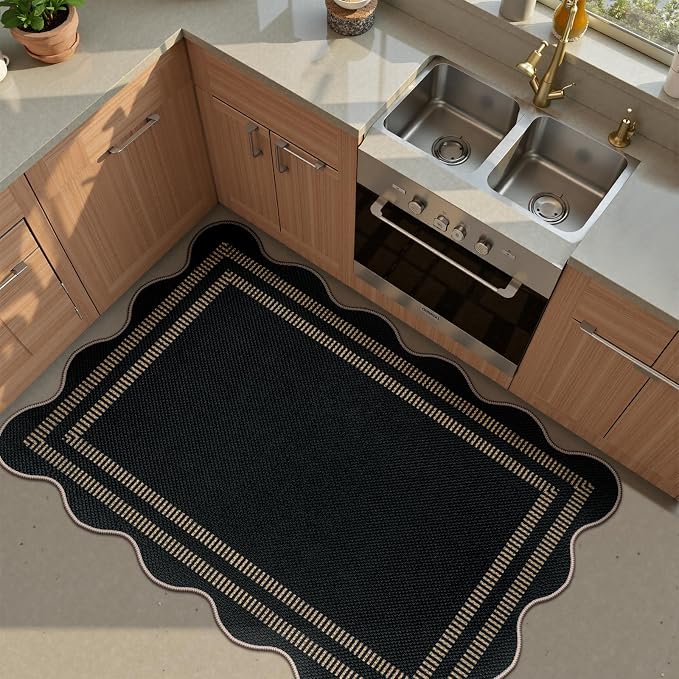 Scalloped Easy Jute Black Rug, 2.6x4 Front Door Washable Door Mat Non Slip