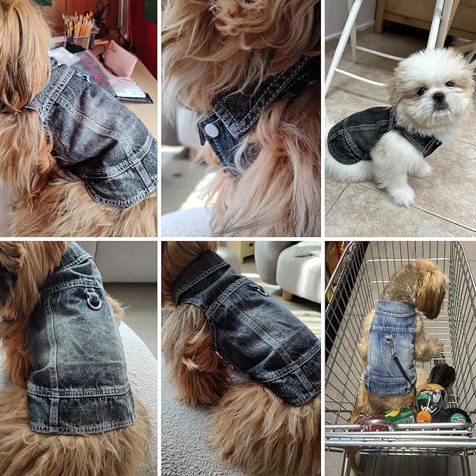 Puppy Clothes for Small Dogs Boy,Classic Western Denim Dog Coat,Dog Jeans Jacket with Leash D-Ring,Pet Cat Costumes,Cooling Harness Vest for Walking (Black, Medium)
