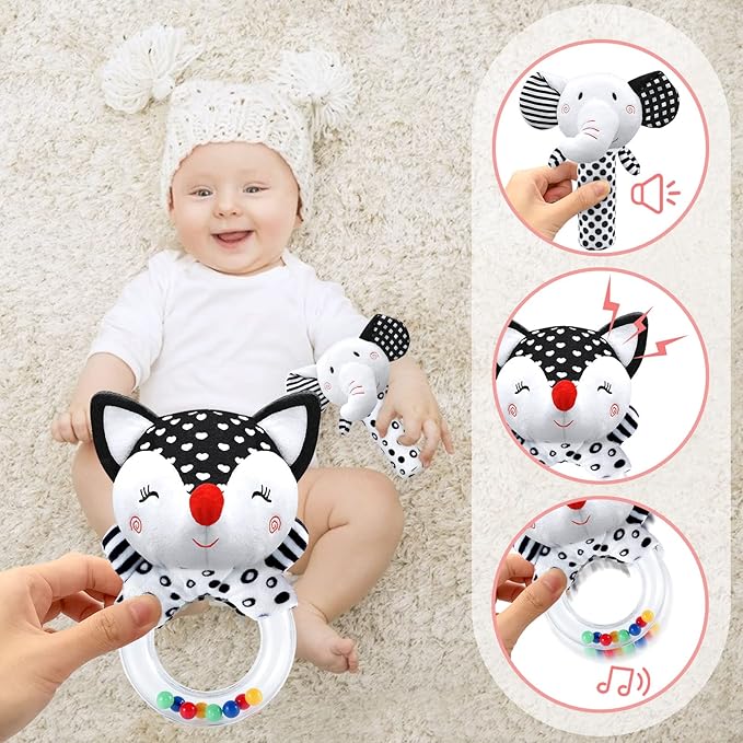 Baby Rattles & Toys - 0-3 Months, High Contrast Black & White Plush Stuffed Toys for Infants